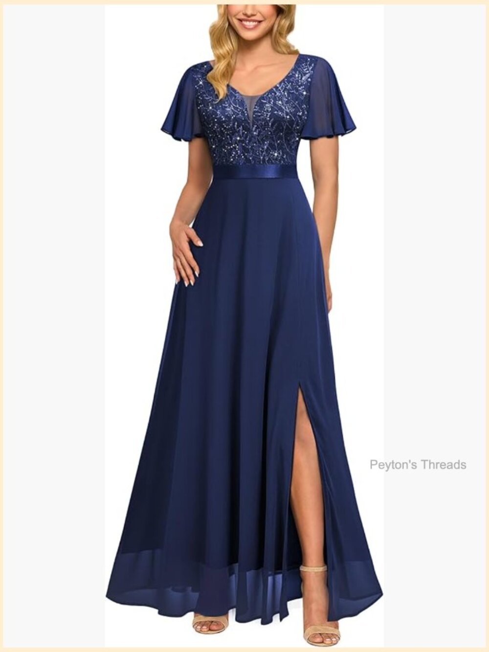 Sequin Lace V-Neck Ruffle Sleeve Maxi Bridesmaid Dress